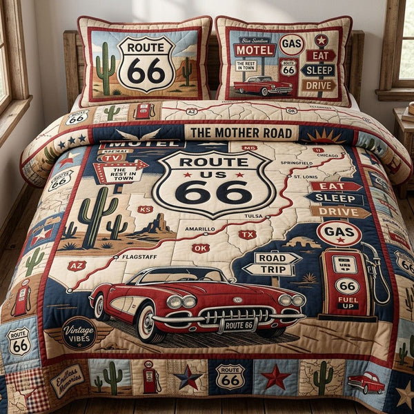 Vintage Americana Highway quilted 3-piece bedding set on a made bed in a warmly lit bedroom