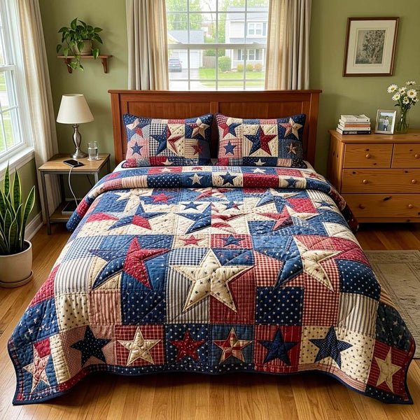 Vintage Americana quilted 3-piece bedding set on a made bed in a warmly lit bedroom