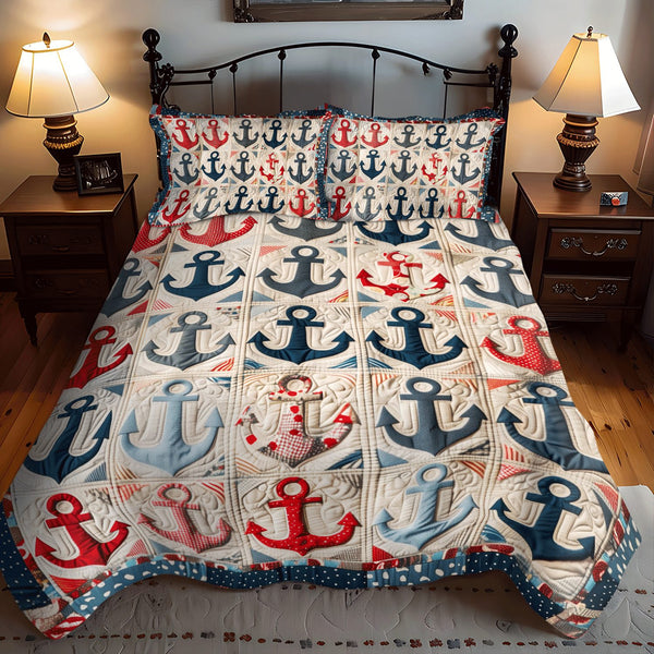 Vintage Anchors quilted 3-piece bedding set on a made bed in a light coastal bedroom