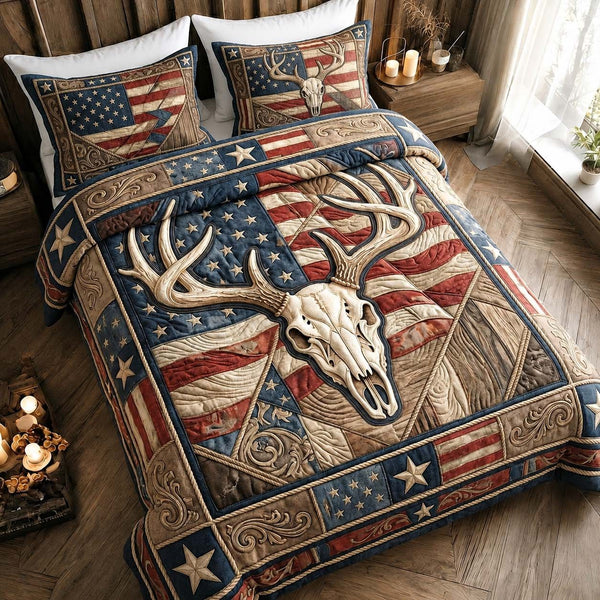Vintage Antler quilted 3-piece bedding set on a made bed in a farmhouse bedroom