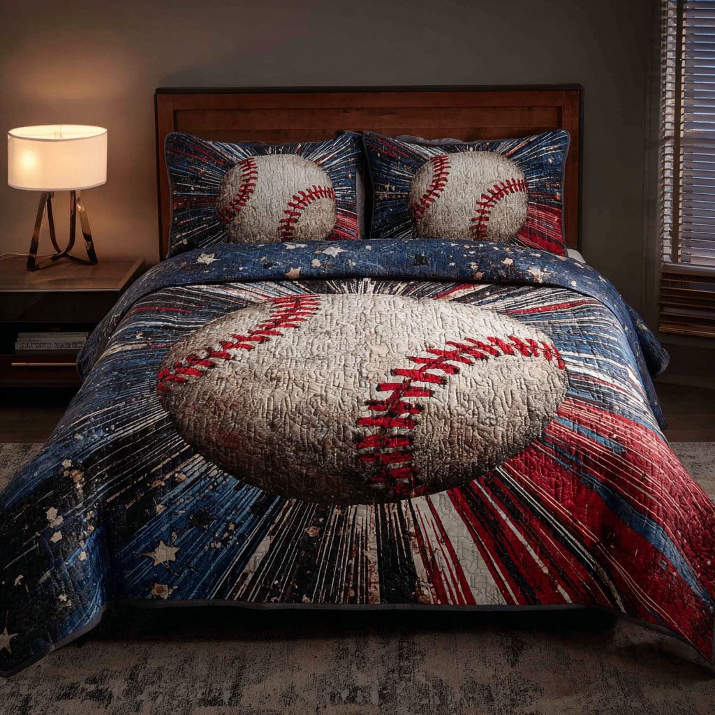 Vintage Baseball quilted 3-piece bedding set on a made bed in a farmhouse bedroom