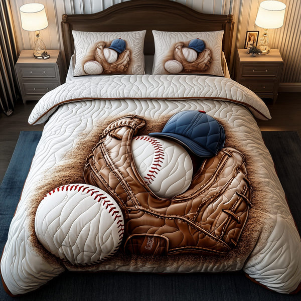 Vintage Baseball Time quilted 3-piece bedding set on a made bed in a farmhouse bedroom