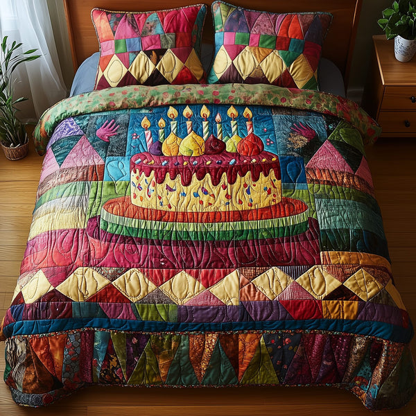Vintage Birthday Cake quilted 3-piece bedding set on a made bed in a farmhouse bedroom