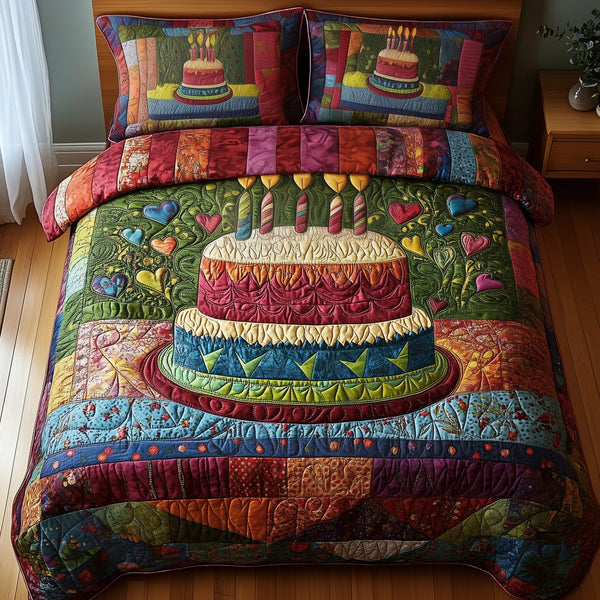 Vintage Birthday Cake quilted 3-piece bedding set on a made bed in a farmhouse bedroom