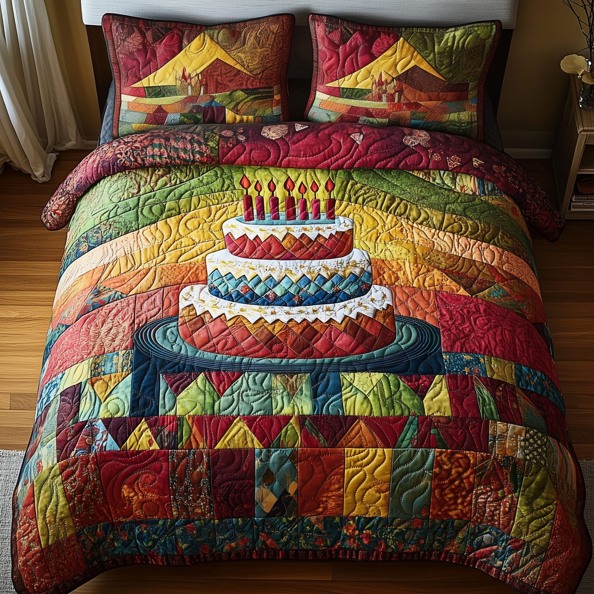 Vintage Birthday Cake quilted 3-piece bedding set on a made bed in a farmhouse bedroom