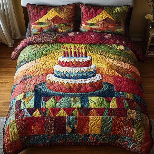 Vintage Birthday Cake quilted 3-piece bedding set on a made bed in a farmhouse bedroom