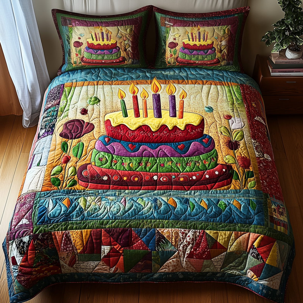Vintage Birthday Cake quilted 3-piece bedding set on a made bed in a farmhouse bedroom