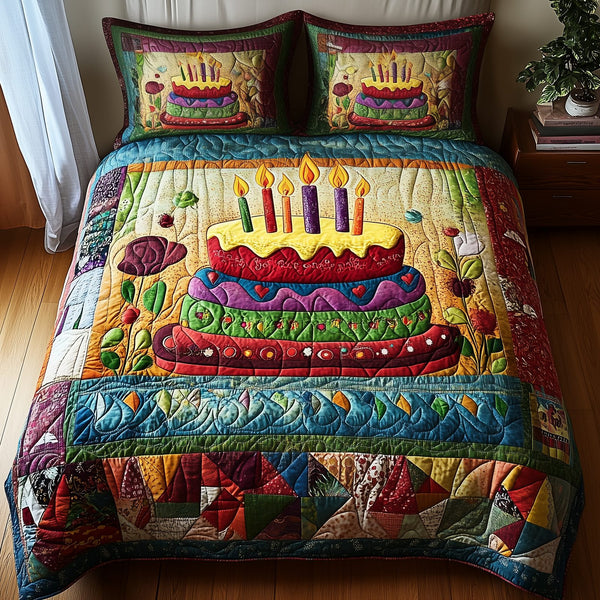 Vintage Birthday Cake quilted 3-piece bedding set on a made bed in a farmhouse bedroom