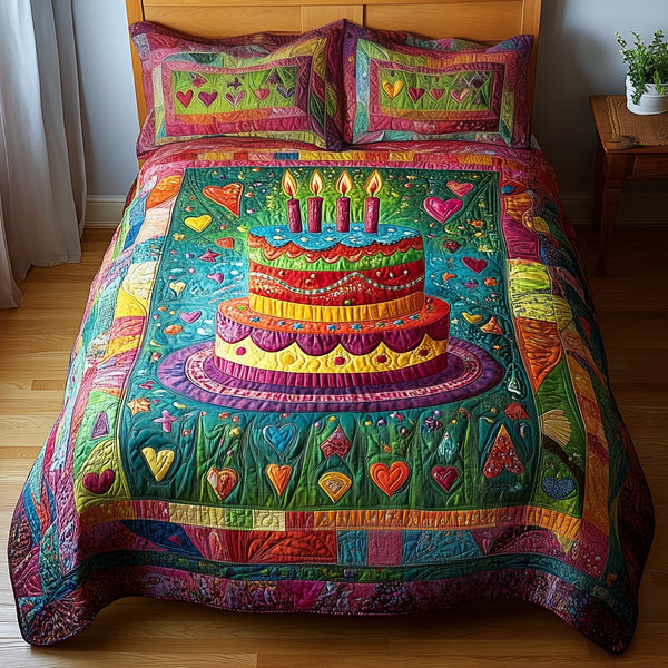 Vintage Birthday Cake quilted 3-piece bedding set on a made bed in a farmhouse bedroom
