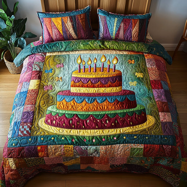 Vintage Birthday Cake quilted 3-piece bedding set on a made bed in a farmhouse bedroom