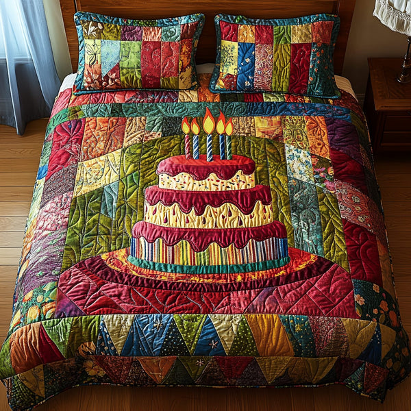 Vintage Birthday Cake quilted 3-piece bedding set on a made bed in a farmhouse bedroom