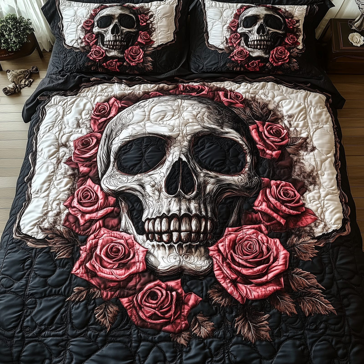 Vintage Black And Rose Skull quilted 3-piece bedding set on a made bed against a dark styled interior