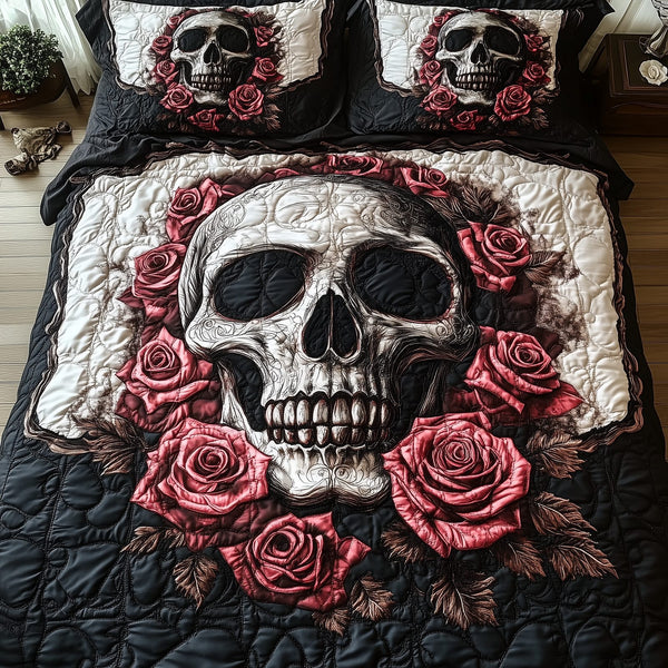 Vintage Black And Rose Skull quilted 3-piece bedding set on a made bed against a dark styled interior