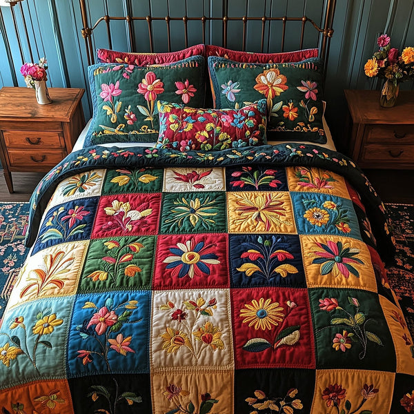 Vintage Bloom Patchwork quilted 3-piece bedding set on a made bed in a farmhouse bedroom