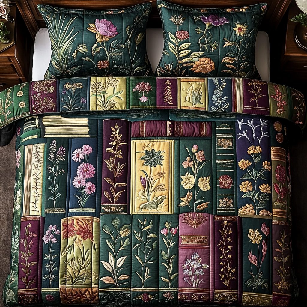Vintage Bloom quilted 3-piece bedding set on a made bed in a farmhouse bedroom