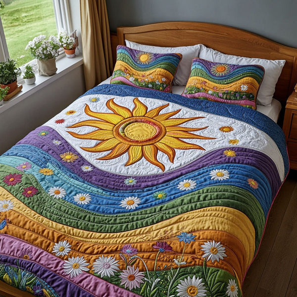 Vintage Blossom Burst quilted 3-piece bedding set on a made bed in a farmhouse bedroom