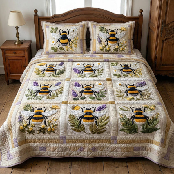 Vintage Blossom Buzz quilted 3-piece bedding set on a made bed in a farmhouse bedroom