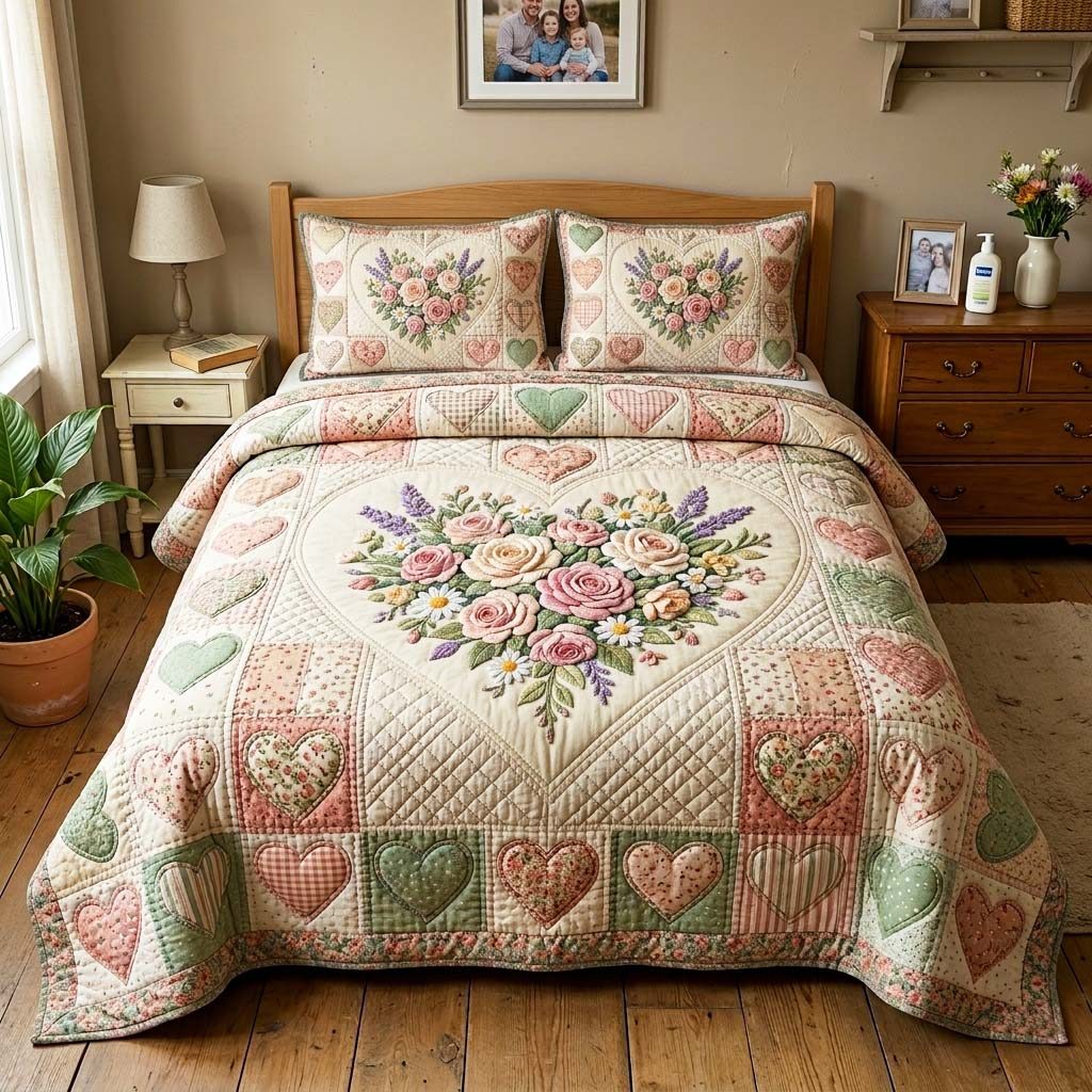 Vintage Blossom quilted 3-piece bedding set on a made bed in a farmhouse bedroom