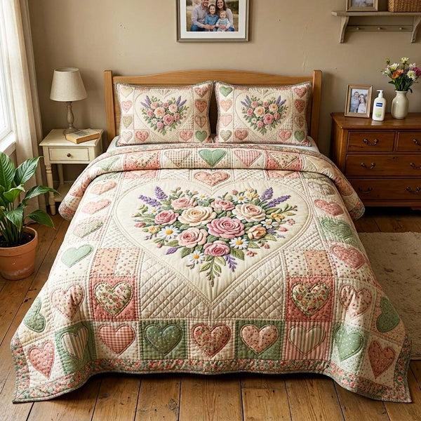 Vintage Blossom quilted 3-piece bedding set on a made bed in a farmhouse bedroom