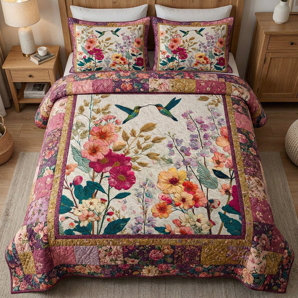 Vintage Blossom quilted 3-piece bedding set on a made bed in a farmhouse bedroom