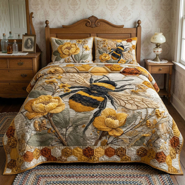 Vintage Blossom quilted 3-piece bedding set on a made bed in a farmhouse bedroom