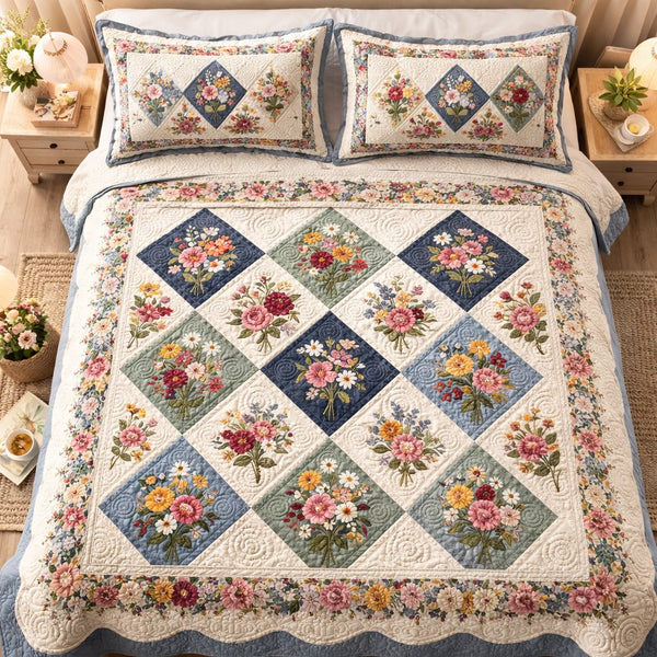 Vintage Blossom quilted 3-piece bedding set on a made bed in a farmhouse bedroom
