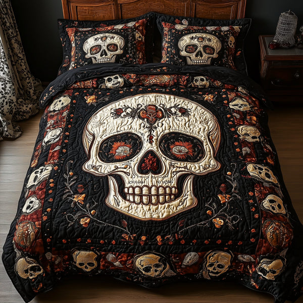 Vintage Bold Skull quilted 3-piece bedding set on a made bed against a dark styled interior