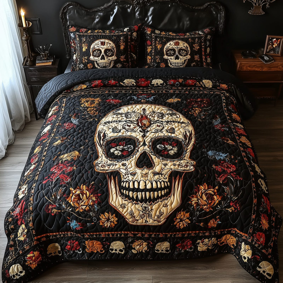 Vintage Bold Skull quilted 3-piece bedding set on a made bed against a dark styled interior