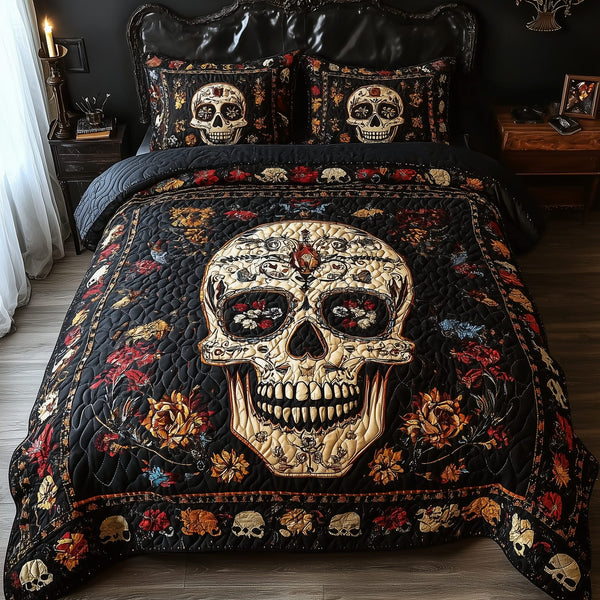 Vintage Bold Skull quilted 3-piece bedding set on a made bed against a dark styled interior