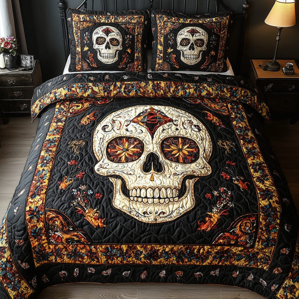 Vintage Bold Skull quilted 3-piece bedding set on a made bed against a dark styled interior