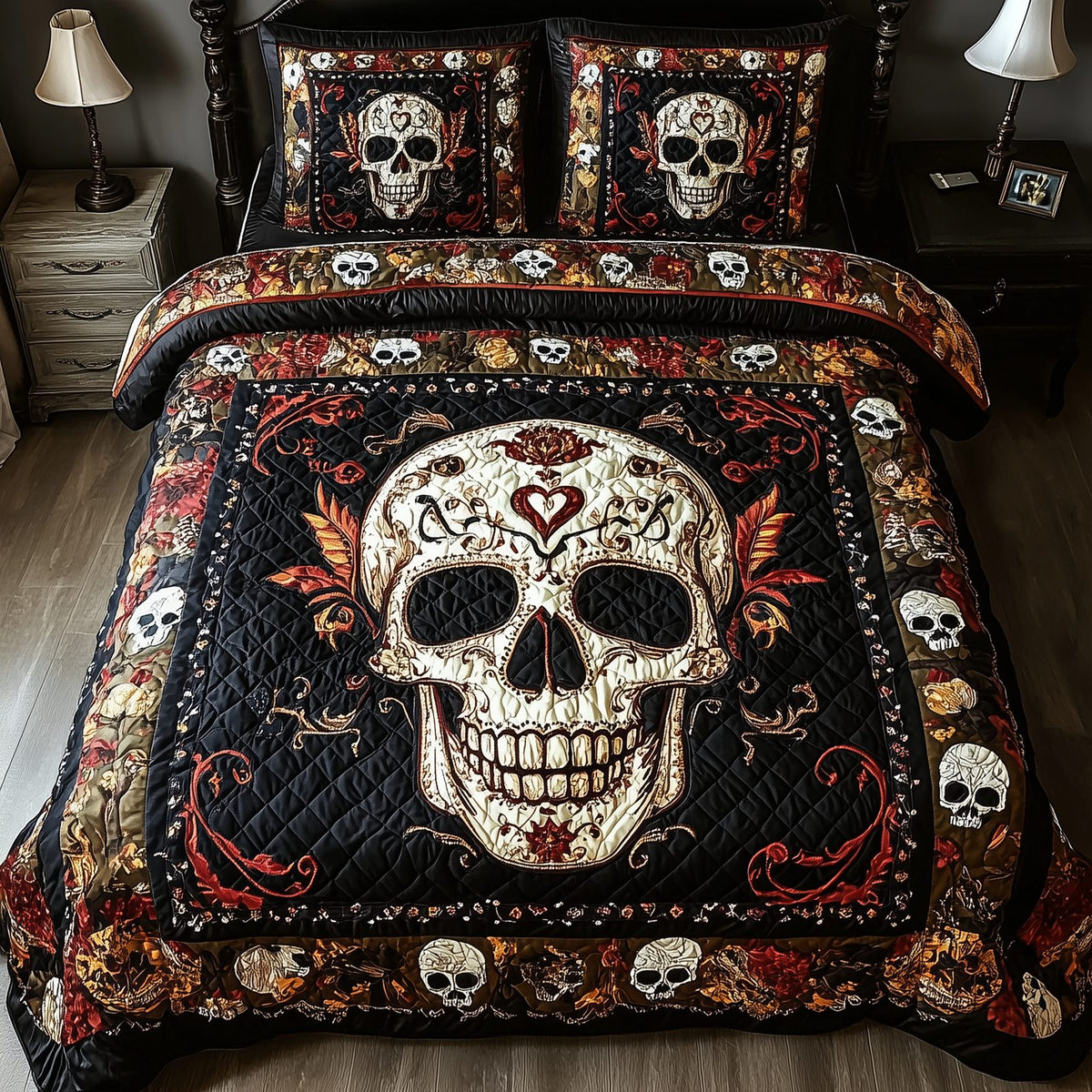 Vintage Bold Skull quilted 3-piece bedding set on a made bed against a dark styled interior