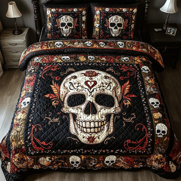 Vintage Bold Skull quilted 3-piece bedding set on a made bed against a dark styled interior