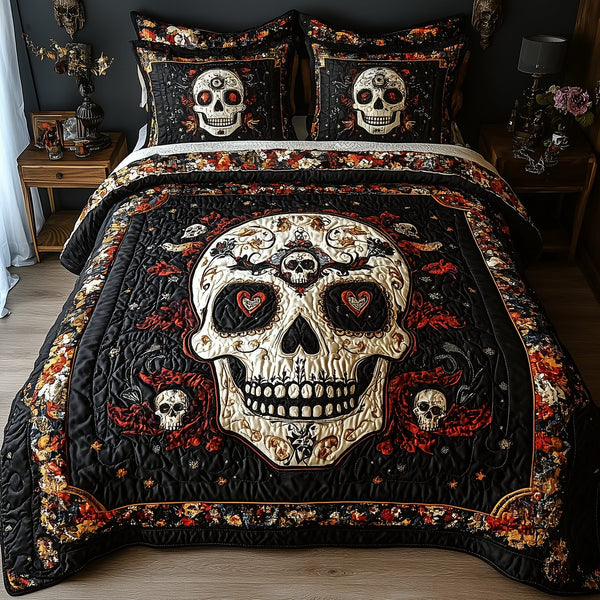 Vintage Bold Skull quilted 3-piece bedding set on a made bed against a dark styled interior