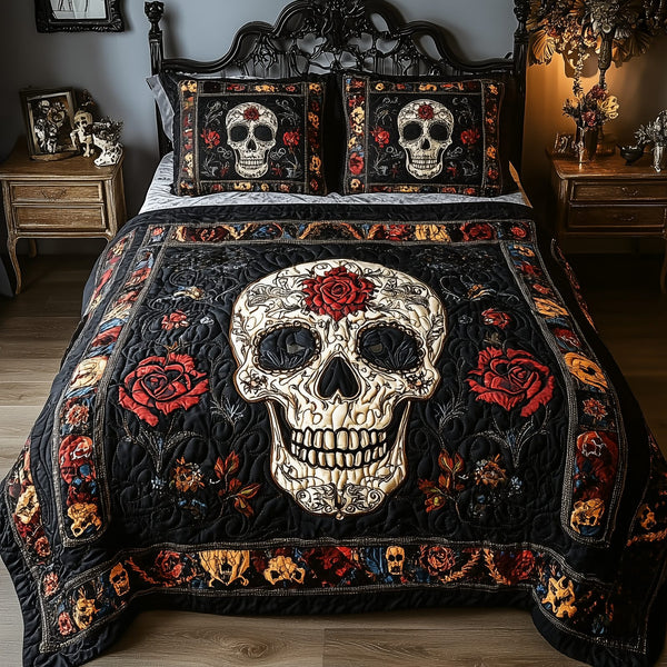 Vintage Bold Skull quilted 3-piece bedding set on a made bed against a dark styled interior