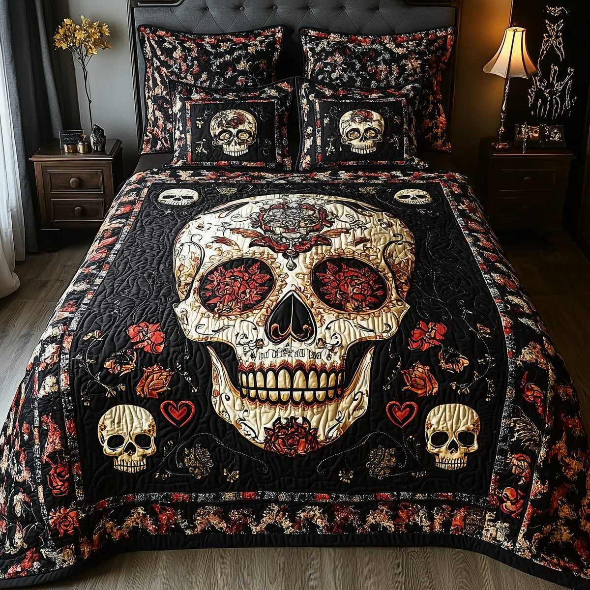 Vintage Bold Skull quilted 3-piece bedding set on a made bed against a dark styled interior
