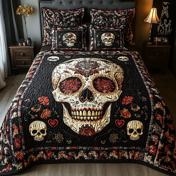 Vintage Bold Skull quilted 3-piece bedding set on a made bed against a dark styled interior