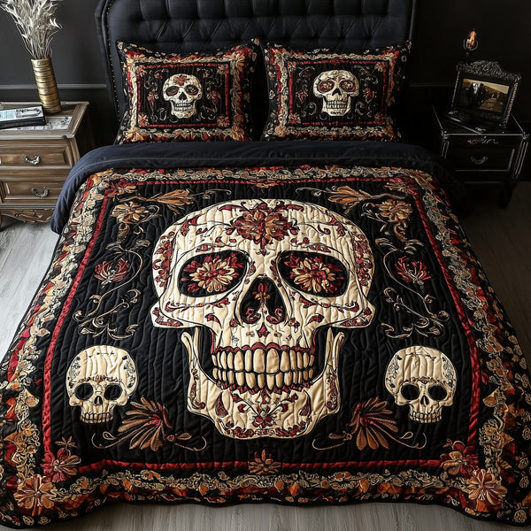 Vintage Bold Skull quilted 3-piece bedding set on a made bed against a dark styled interior