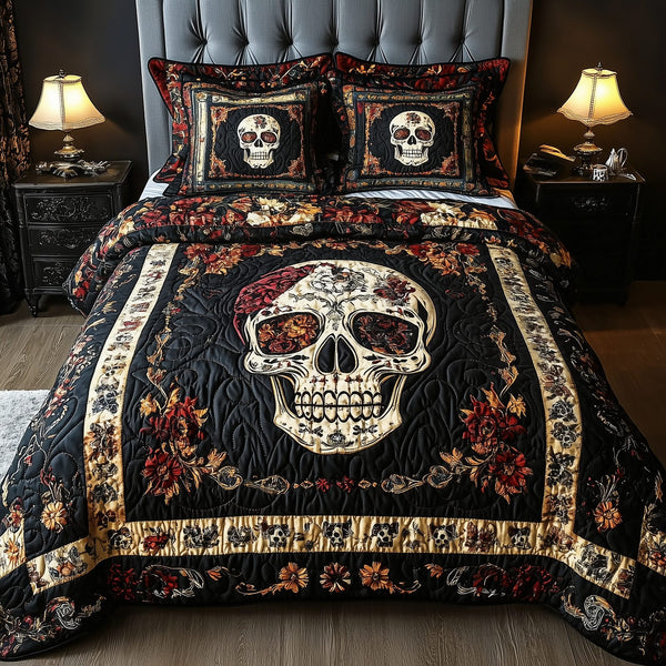 Vintage Bold Skull quilted 3-piece bedding set on a made bed against a dark styled interior