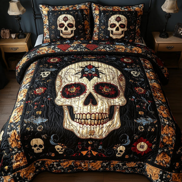 Vintage Bold Skull quilted 3-piece bedding set on a made bed against a dark styled interior