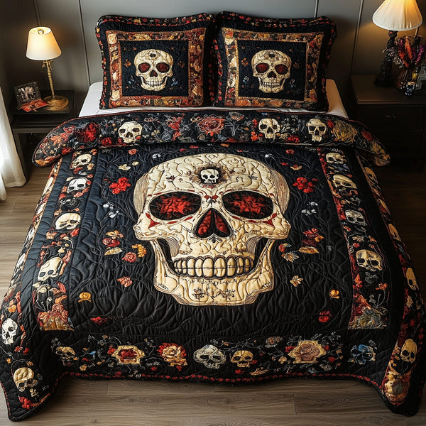 Vintage Bold Skull quilted 3-piece bedding set on a made bed against a dark styled interior
