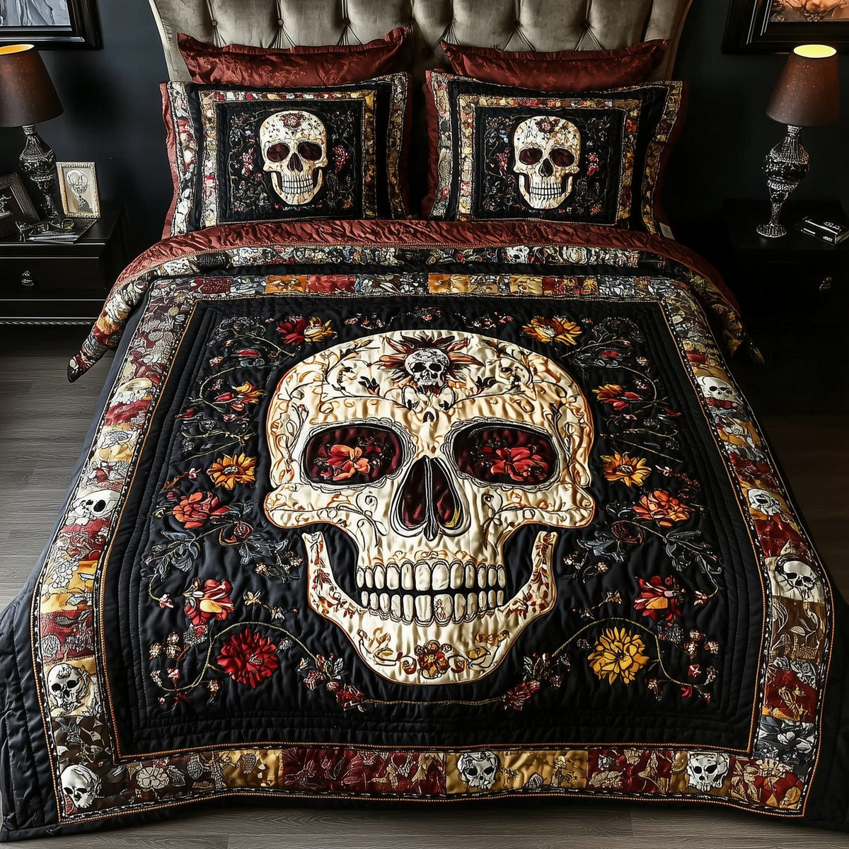 Vintage Bold Skull quilted 3-piece bedding set on a made bed against a dark styled interior