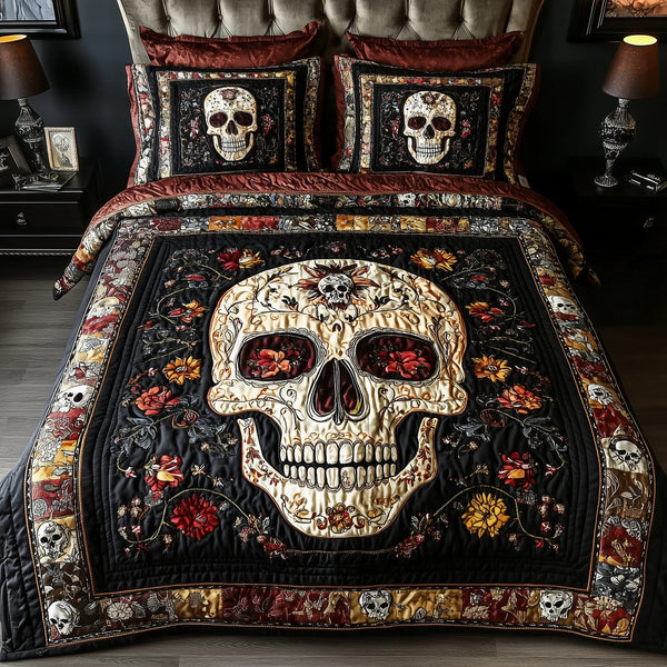 Vintage Bold Skull quilted 3-piece bedding set on a made bed against a dark styled interior