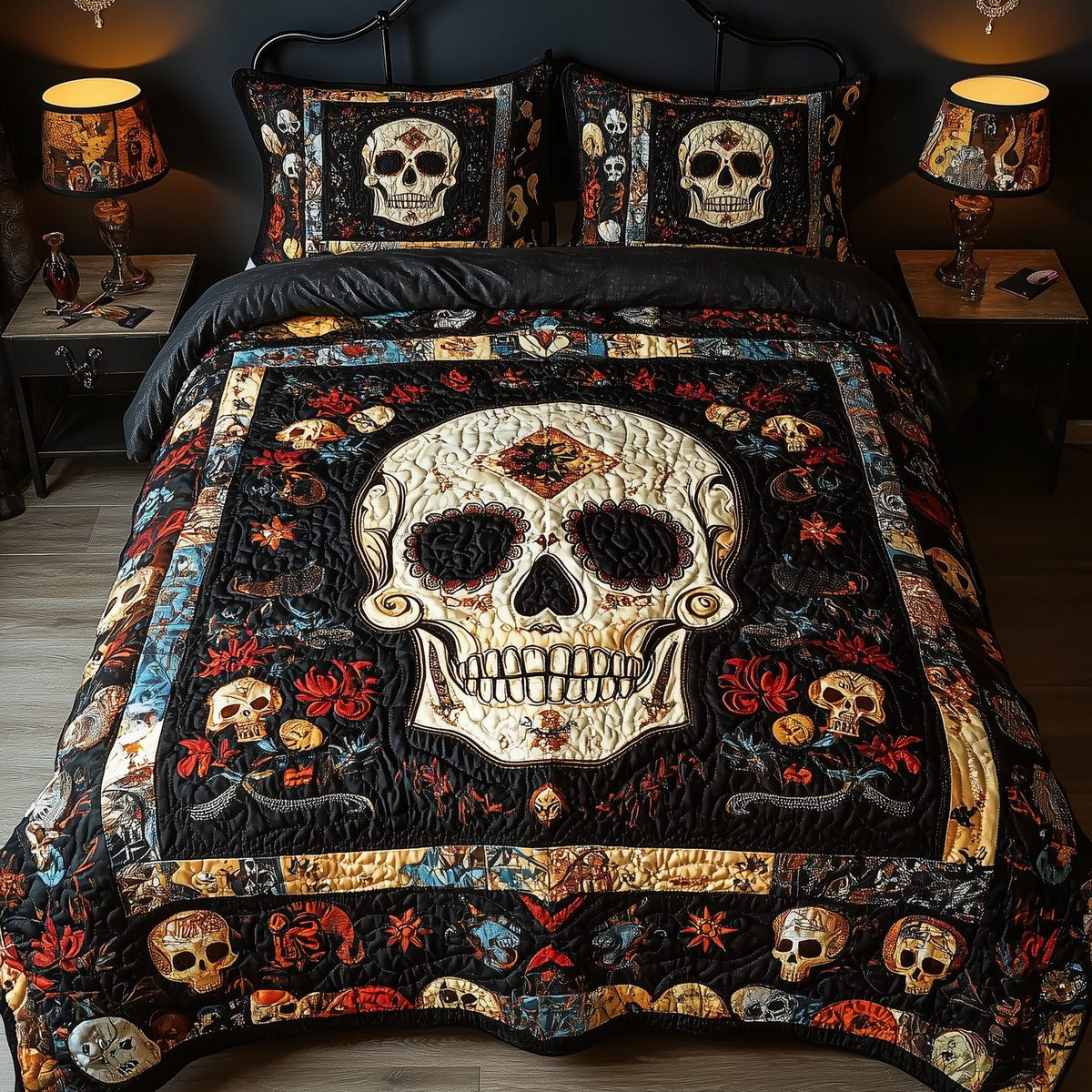 Vintage Bold Skull quilted 3-piece bedding set on a made bed against a dark styled interior
