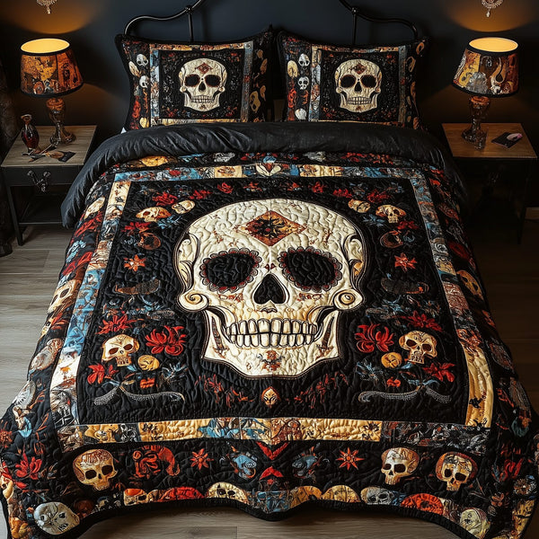 Vintage Bold Skull quilted 3-piece bedding set on a made bed against a dark styled interior