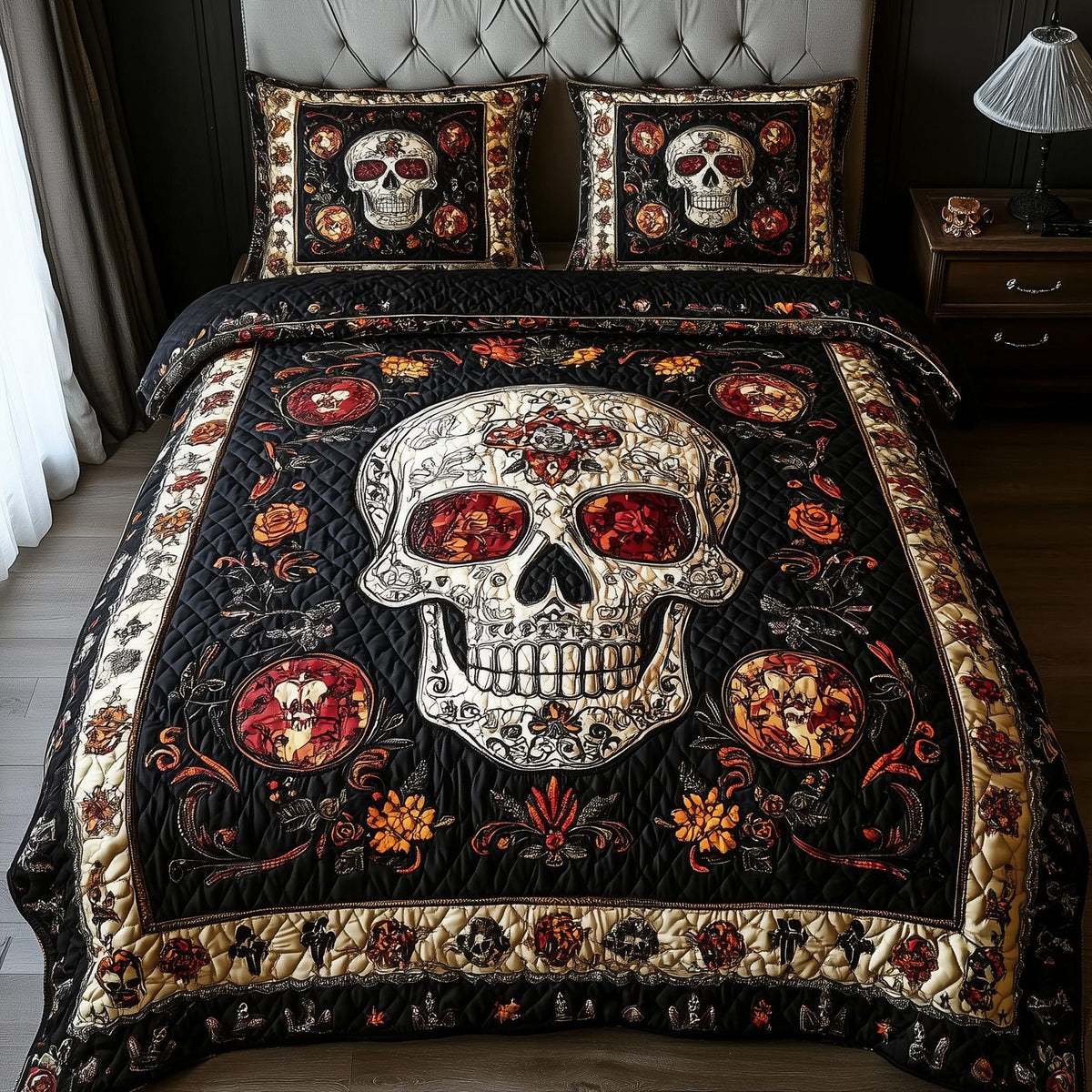 Vintage Bold Skull quilted 3-piece bedding set on a made bed against a dark styled interior