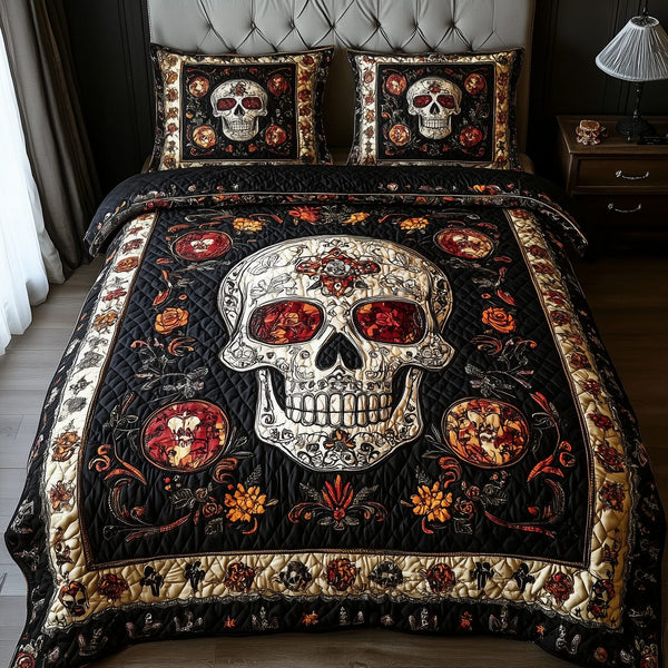 Vintage Bold Skull quilted 3-piece bedding set on a made bed against a dark styled interior