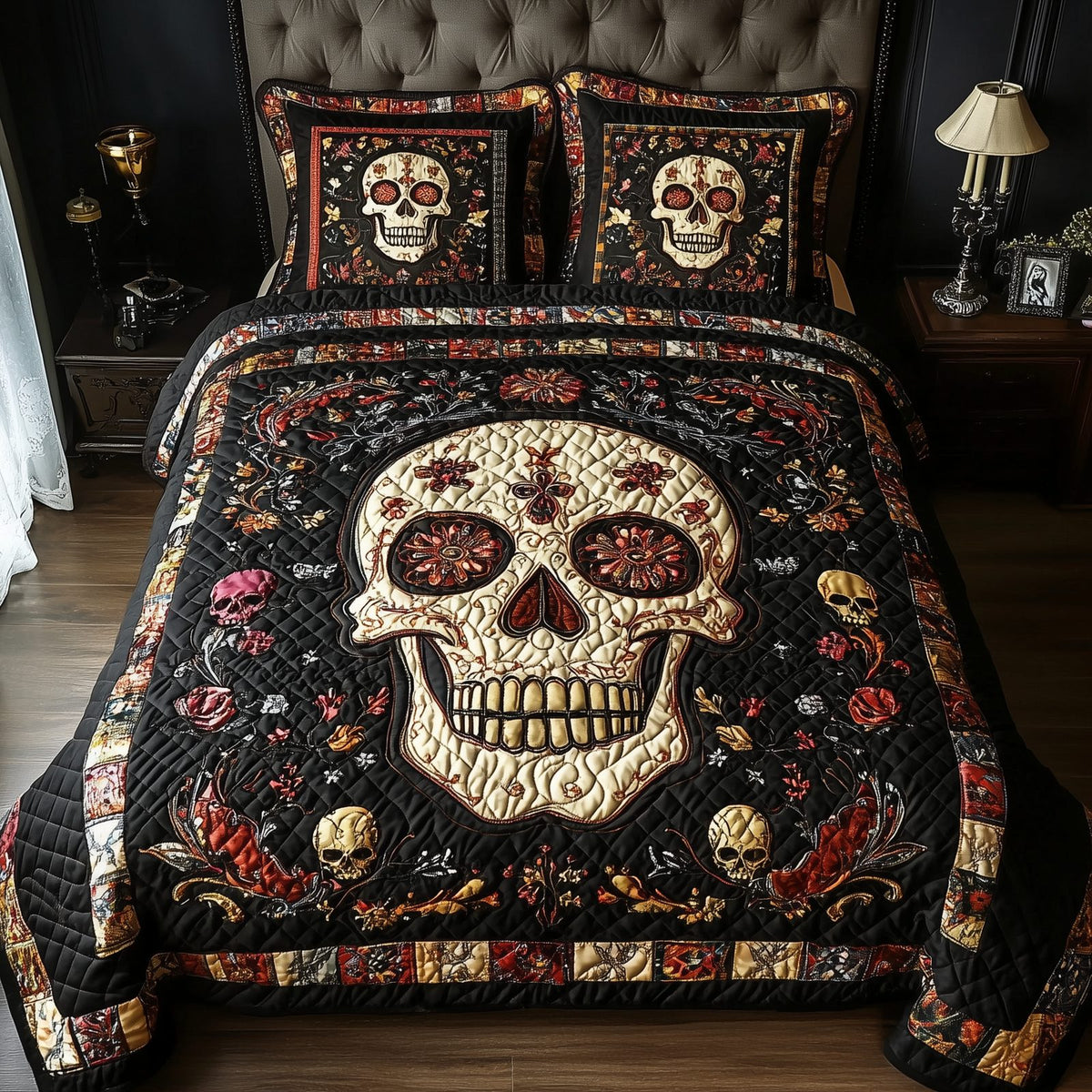 Vintage Bold Skull quilted 3-piece bedding set on a made bed against a dark styled interior