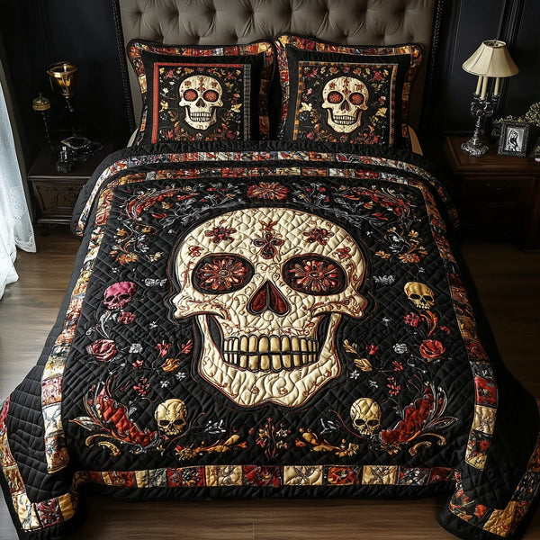 Vintage Bold Skull quilted 3-piece bedding set on a made bed against a dark styled interior