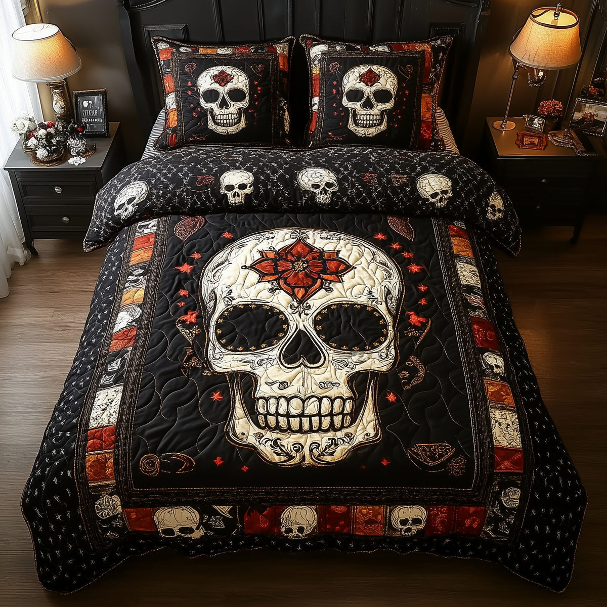Vintage Bold Skull quilted 3-piece bedding set on a made bed against a dark styled interior