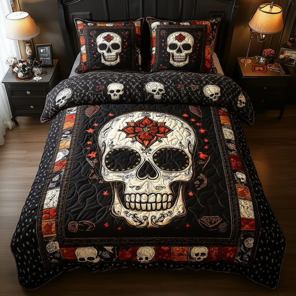 Vintage Bold Skull quilted 3-piece bedding set on a made bed against a dark styled interior